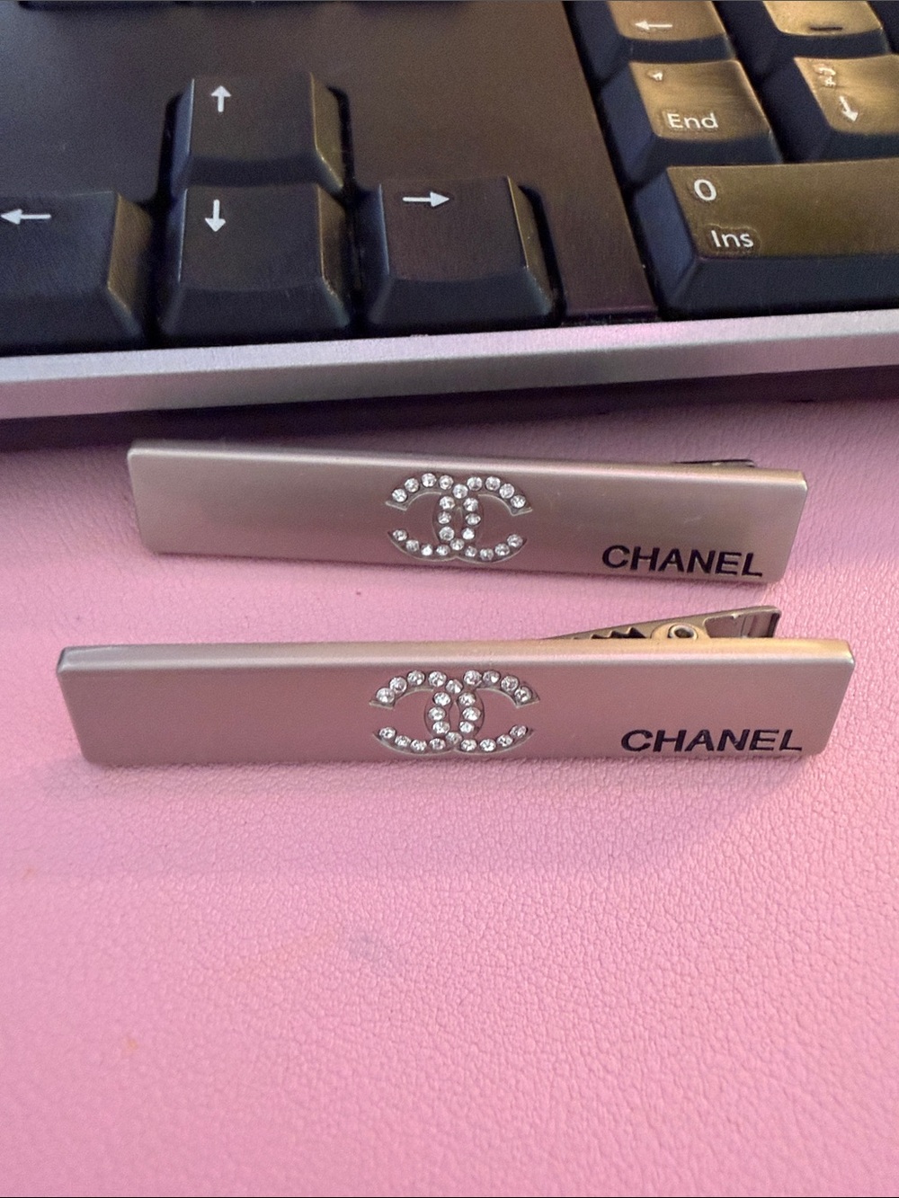 CHANEL Silver Crystal CC Logo Tie Bars (Pair)